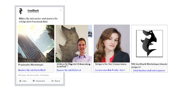 Carousel Ads. IronShark als Beispiel für die Bewerbung von Speaker n