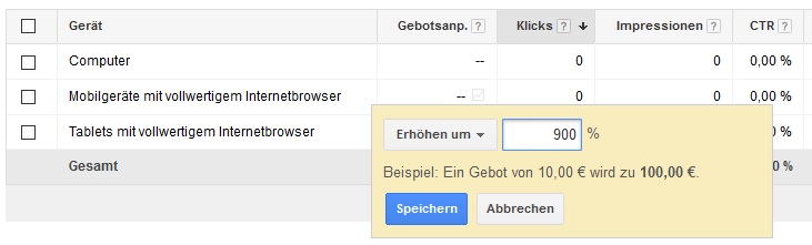 Screenshot des AdWords-Interfaces, der die Gebotsanpassung zeigt