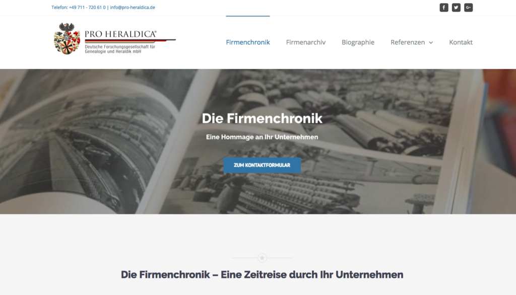 Startseite mit Header Grafik above the fold mit Menüführung und Headline der Seite, Projekt von ProHeraldica, Umsetzung durch Ironshark