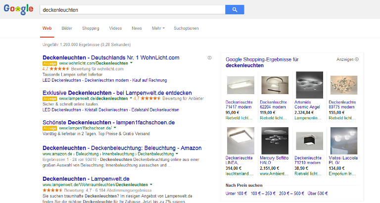 Google-Shopping-Anzeige mit dem Suchbegriff Deckenleuchten