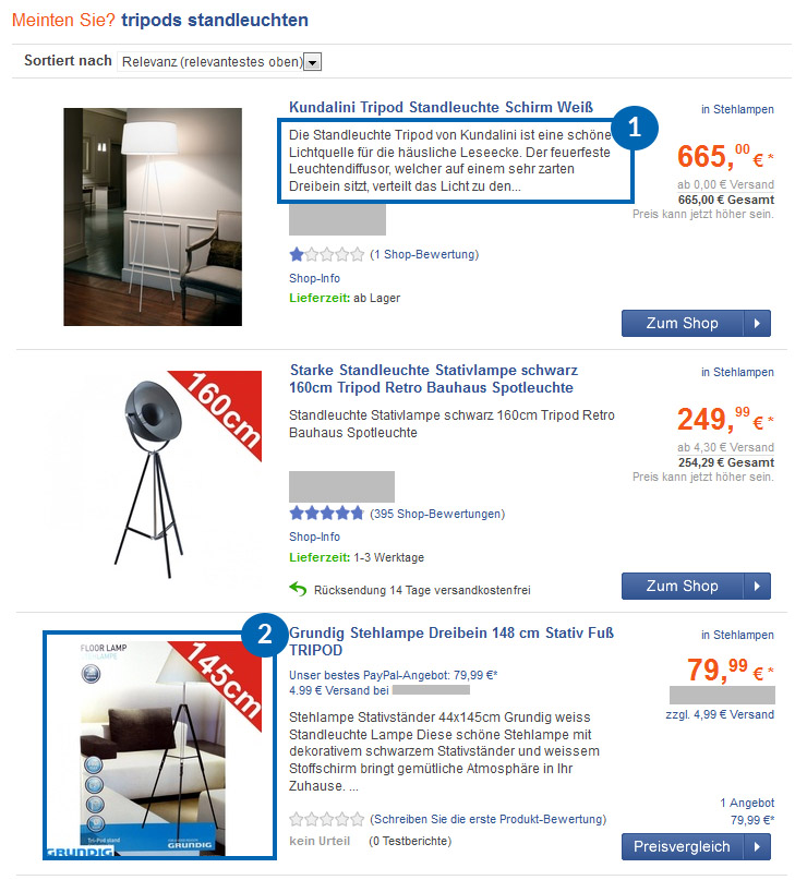 User Interface der Preissuchmaschine Billiger.de mit den Suchergebnissen von Standleuchte