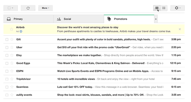 Ansicht des Gmail Postfachs als Listenansicht
