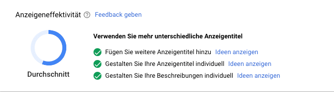 Bewertung einer Google Textanzeige während der Erstellung.
