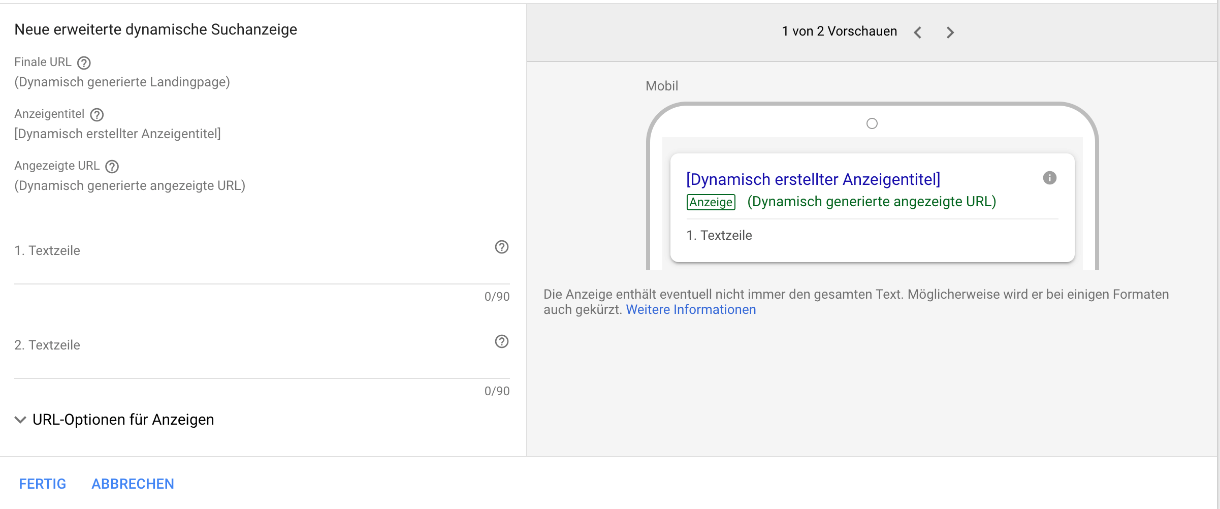 Felder für Anzeigentexte zur Erstellung einer dynamischen Suchnetzwerkanzeige