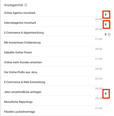 Formular zur Erstellung von Anzeigentiteln für eine Responsive Suchnetzwerkanzeige