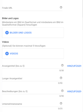 Felder zum Einfügen von Bildern, Videos und Überschriften zur Erstellung einer Responsive Displayanzeige