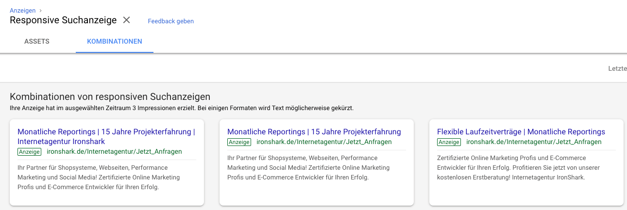 Kombinationen von Responsiven Google Ads