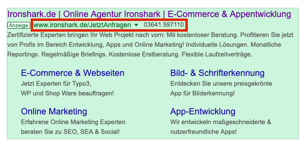 Google Ads Anzeige mit markiertem Bereich für Pfad 1 und Pfad 2