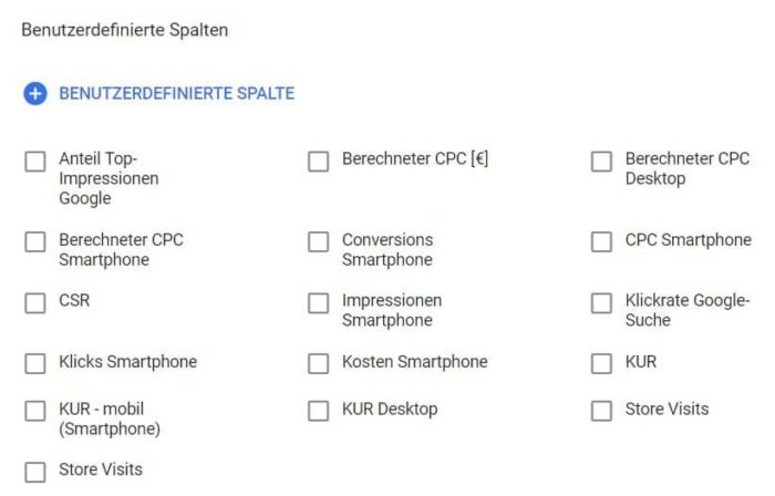 Benutzerdefinierte Spalten in Google Adwords