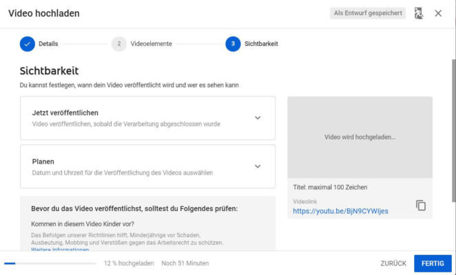 Sichtbarkeit beim Hochladen von YouTube Videos einstellen