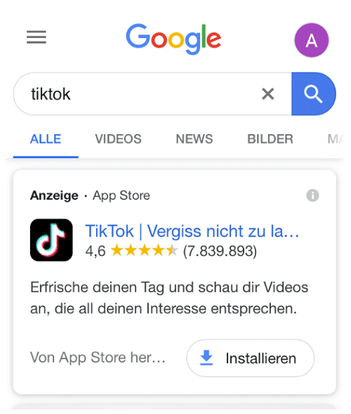 Beispiel für eine App Anzeige über Google