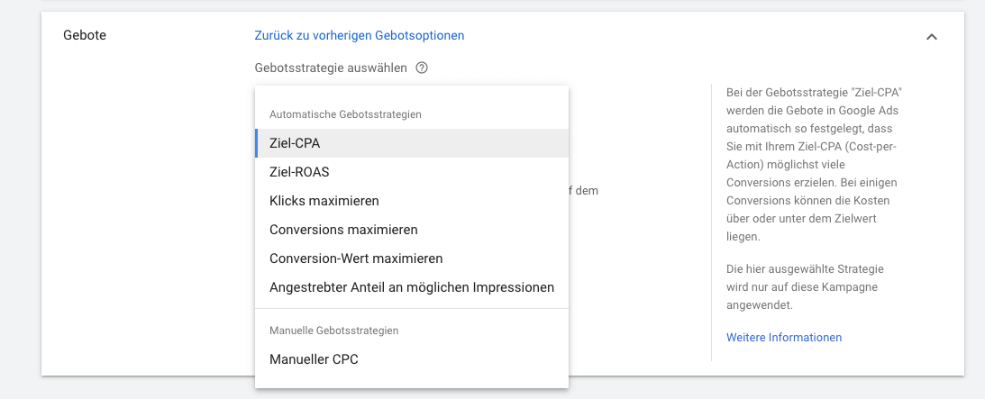 Gebotsstrategien in Google Ads festlegen.