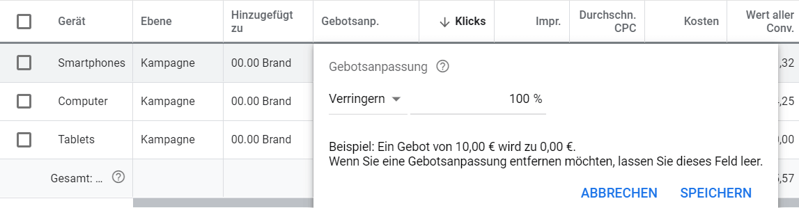 Google Ads Ausrichtung auf Geräte