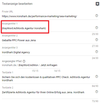 Beispiel für eine Keyword Insertion im Suchnetzwerk