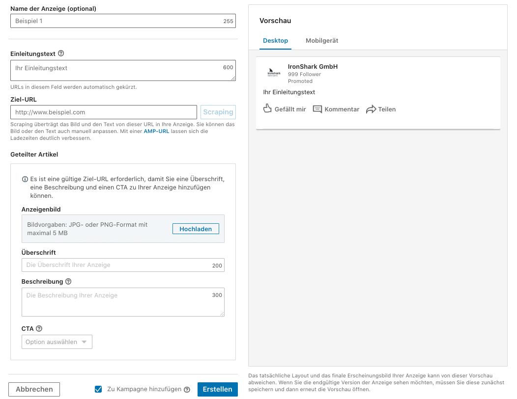 LinkedIn Ads: Anzeigen gestalten