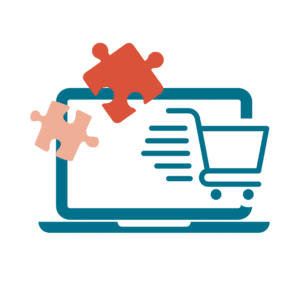 Onlineshop Webseite mit Puzzlestücken, die für E-Commerce Schnittstellen stehen
