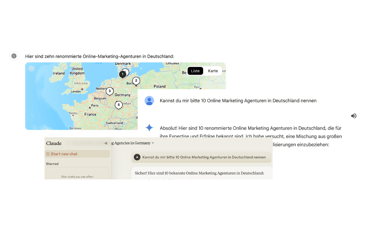 Screenshots aus den KI Ergebnissen, nachdem ich sie nach Online Marketing Agenturen gefragt habe, um KI und Online Marketing Ergebnisse zu vergleichen