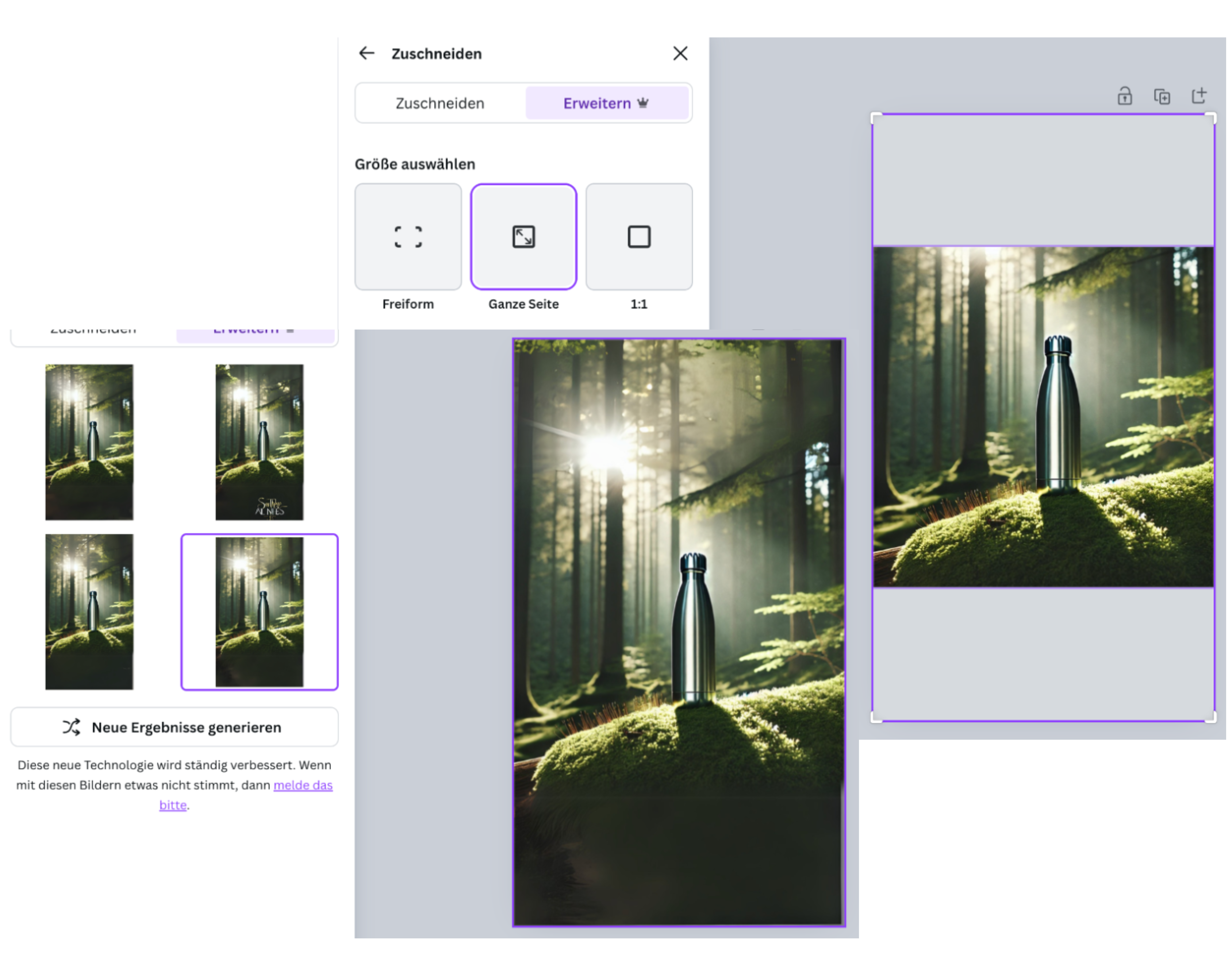 Zusammenschnitt von Screenshots aus Canva die zeigen, wie man mit der KI Funktion eine automatische Größenanpassung von Bildern vornehmen kann.