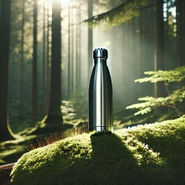 Generiertes Foto einer Edelstahlflasche, die im Wald von der Sonne angestrahlt wird und auf Moos steht.