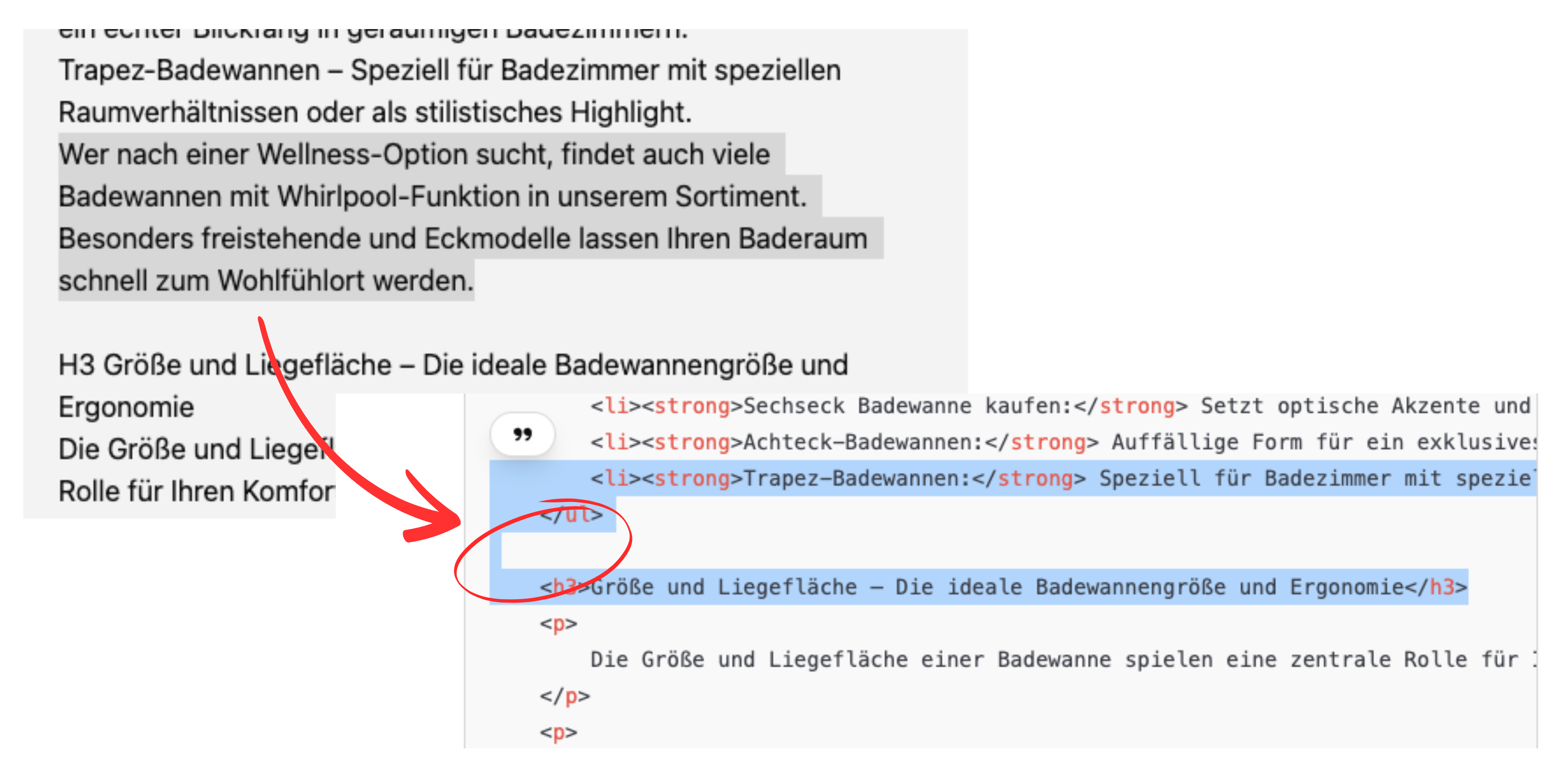 Screenshot Ausschnitte einer ChatGPT Anfrage und Ergebnis, nachdem ich die KI aufgefordert habe, einen Text als HTML Code auszugeben. In den Auscchnitten ist zu sehen, dass die KI zwischen einer Auflistung und der nächsten H3 Überschrift einen gesamten Abschnitt ausgelassen hat.