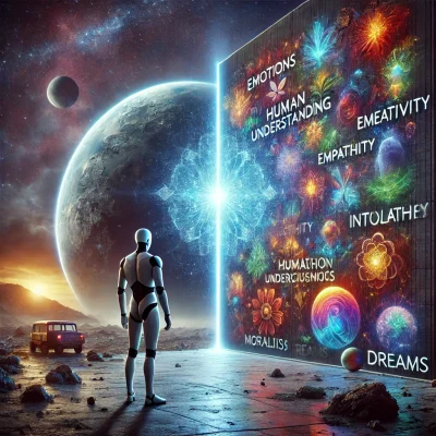 Roboter steht in Steintrümmern vor einer großen Mauer, die mit Wörtern wie "Empathie", "Emotionen" und "Menschliches Verständnis" die Grenzen symbolisieren. Im Hintergrund steht ein Auto und die Erde ist ganz groß als Planet abgebildet.