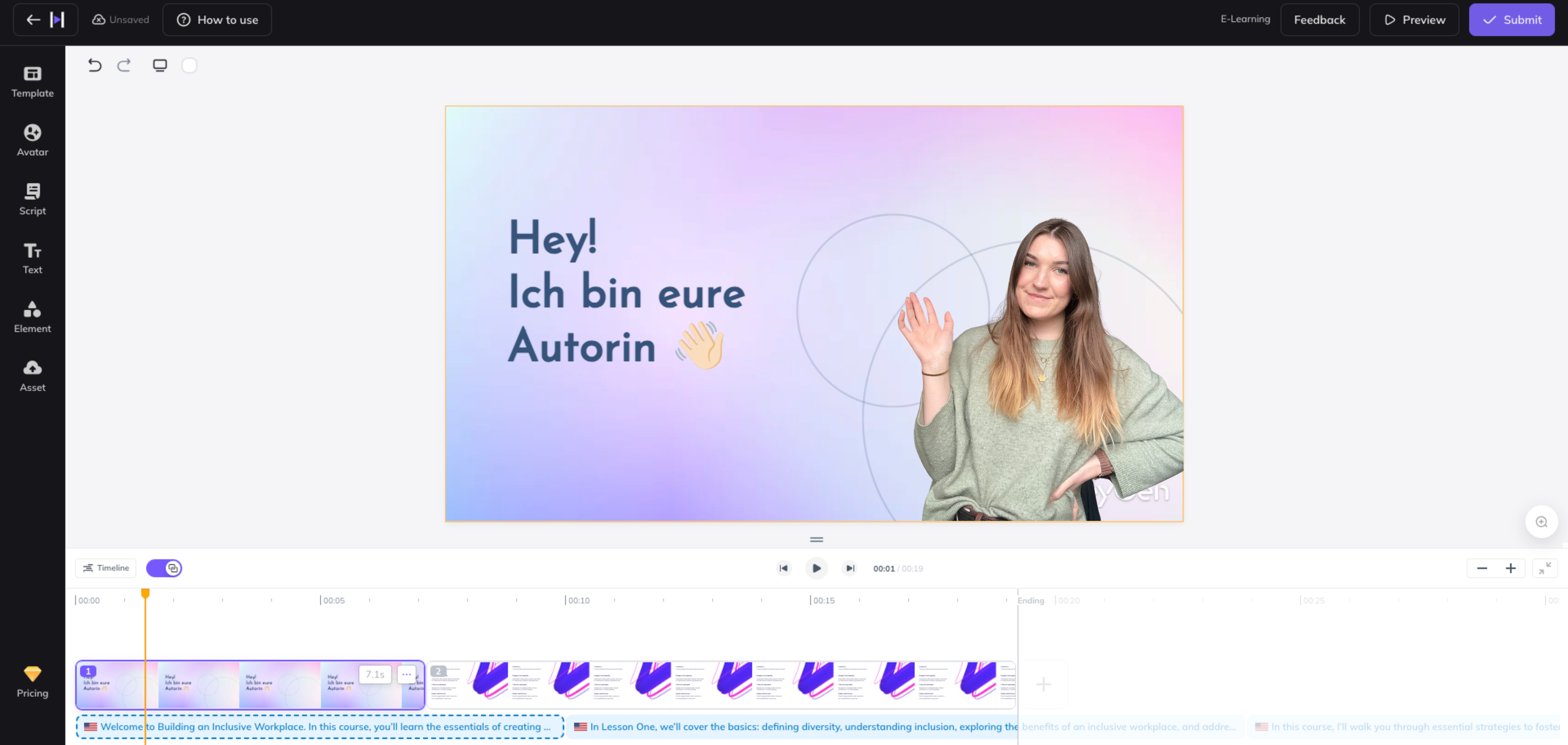 Screenshot aus HeyGen in dem ein Foto von mir abgebildet ist und einem Schriftzug "Hey! Ich bin eure Autorin".