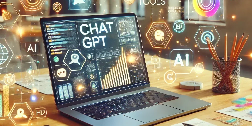 KI Marketing Ein Laptop, der ChatGPT geöffnet hat, steht auf einem Schreibtisch, auf dem noch ein Tablet und weitere Papiere mit Marketing Analysen liegen. Um den Laptop sind virtuelle Symbole zu Marketing und KI abgebildet.