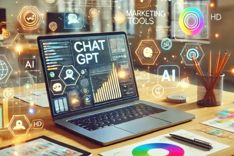 Ein Laptop, der ChatGPT geöffnet hat, steht auf einem Schreibtisch, auf dem noch ein Tablet und weitere Papiere mit Marketing Analysen liegen. Um den Laptop sind virtuelle Symbole zu Marketing und KI abgebildet.
