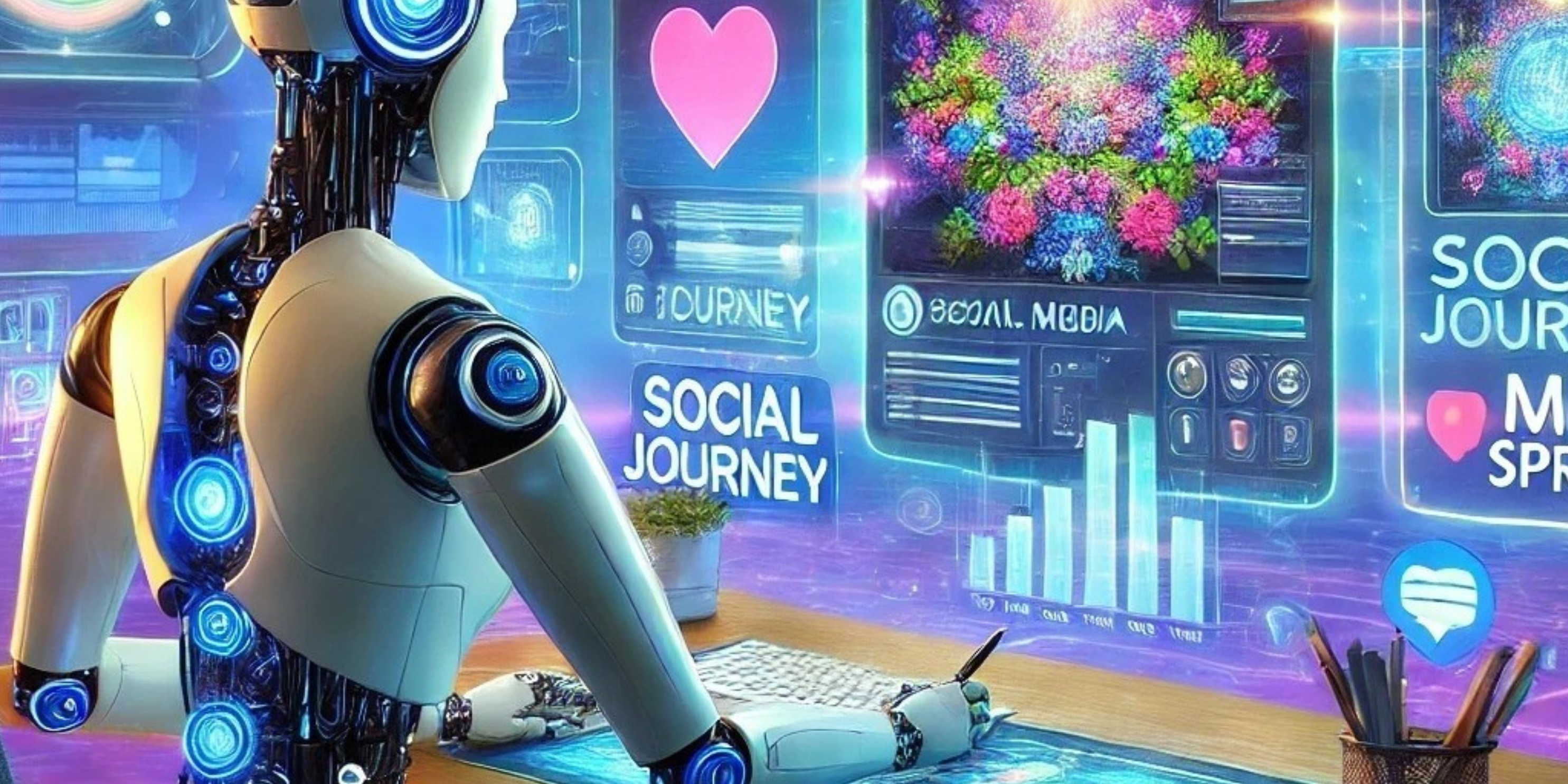 Roboter sitzt in einer virtuellen Welt an einem Schreibtisch und vor ihm sind sind verschiedene Social Media Symbole und Plattformen virtuell abgebildet.