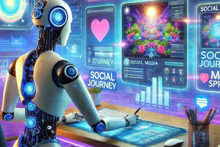 KI Social Media Roboter sitzt in einer virtuellen Welt an einem Schreibtisch und vor ihm sind sind verschiedene Social Media Symbole und Plattformen virtuell abgebildet.