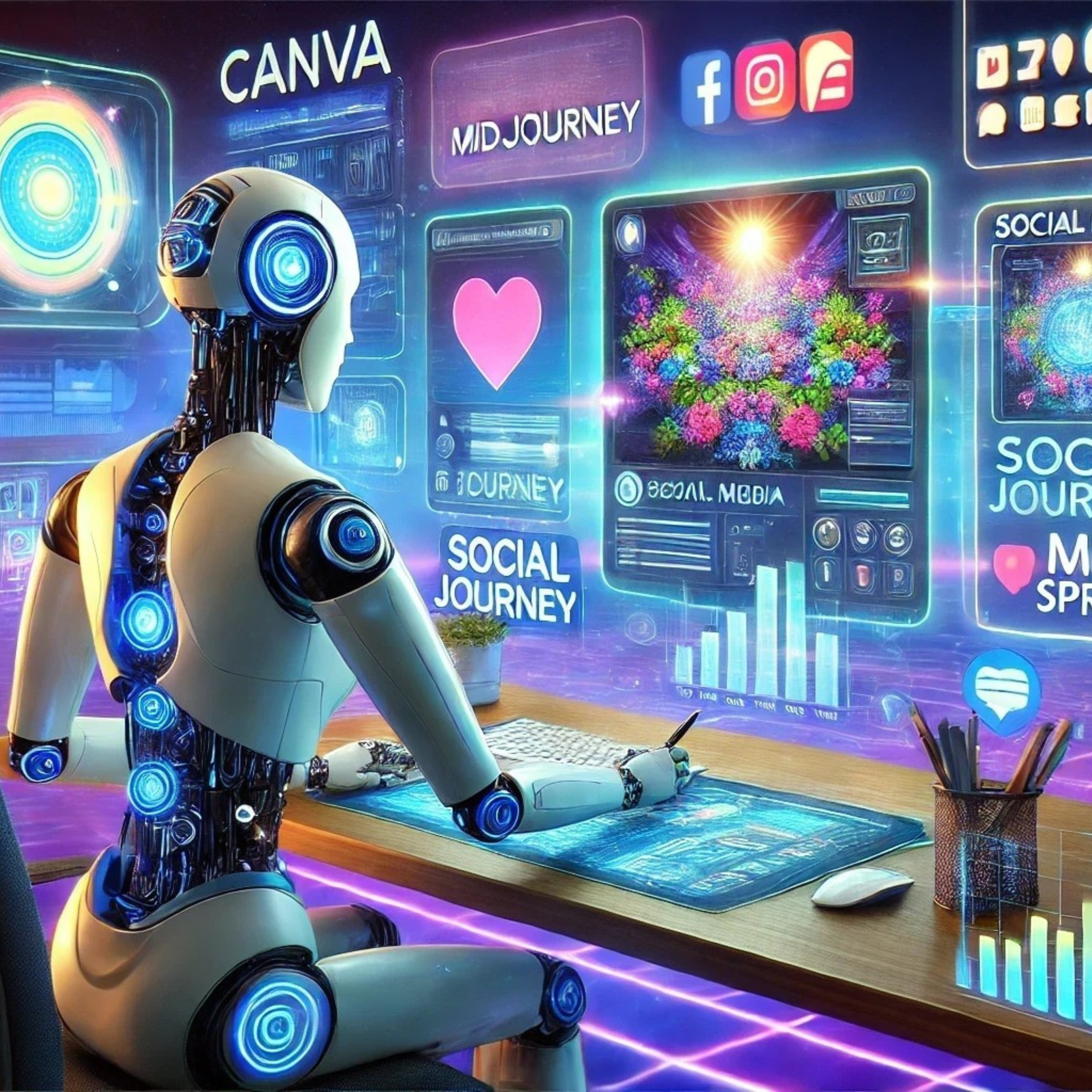 Roboter sitzt in einer virtuellen Welt an einem Schreibtisch und vor ihm sind sind verschiedene Social Media Symbole und Plattformen virtuell abgebildet.