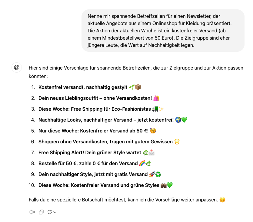 Screenshot von einem ChatGPT Ergebnis, nachdem ich der KI gesagt habe, dass sie mir spannende Betreffzeilen für einen Newsletter ausgeben soll.