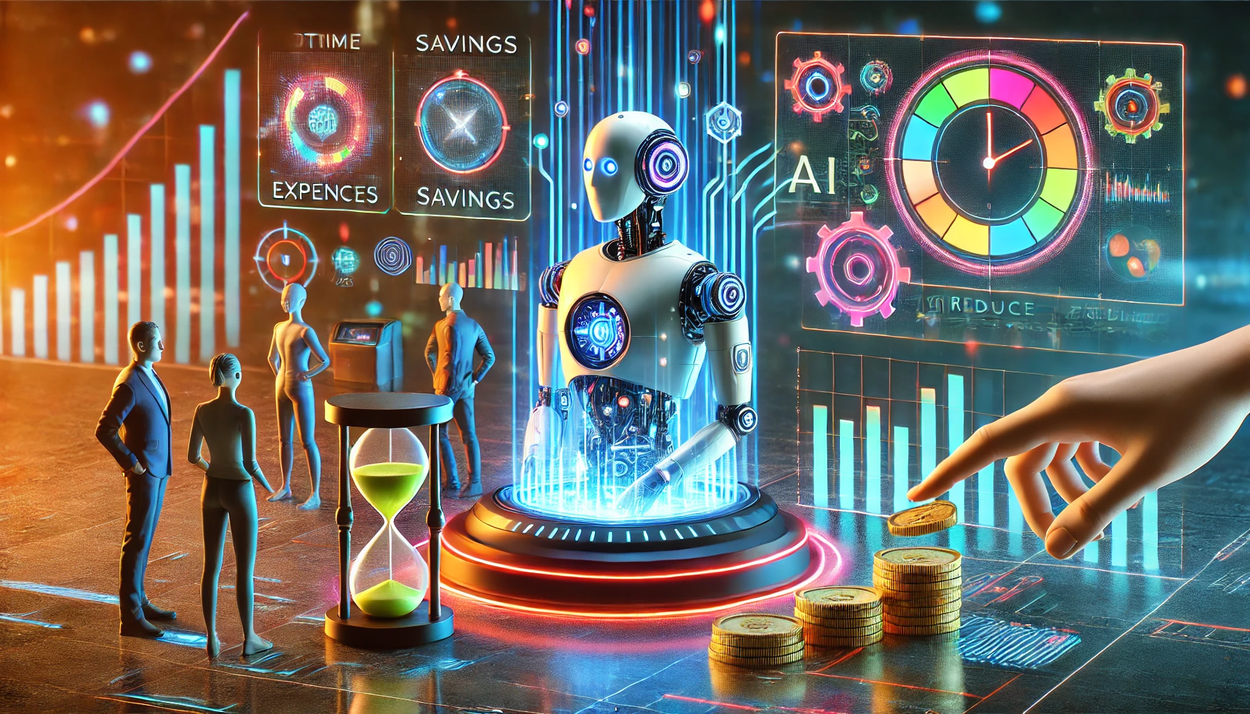 Korpus eines Robotors steht auf einer Plattform und im Hintergrund sind große, virtuelle Grafiken und Metriken abgebildet. Neben dem Robotor stehen Menschen und eine große Sanduhr, die die Zeitersparnis symbolisieren sowie greift eine Hand in das Bild, die auf Stapel mit Münzen zeigt.
