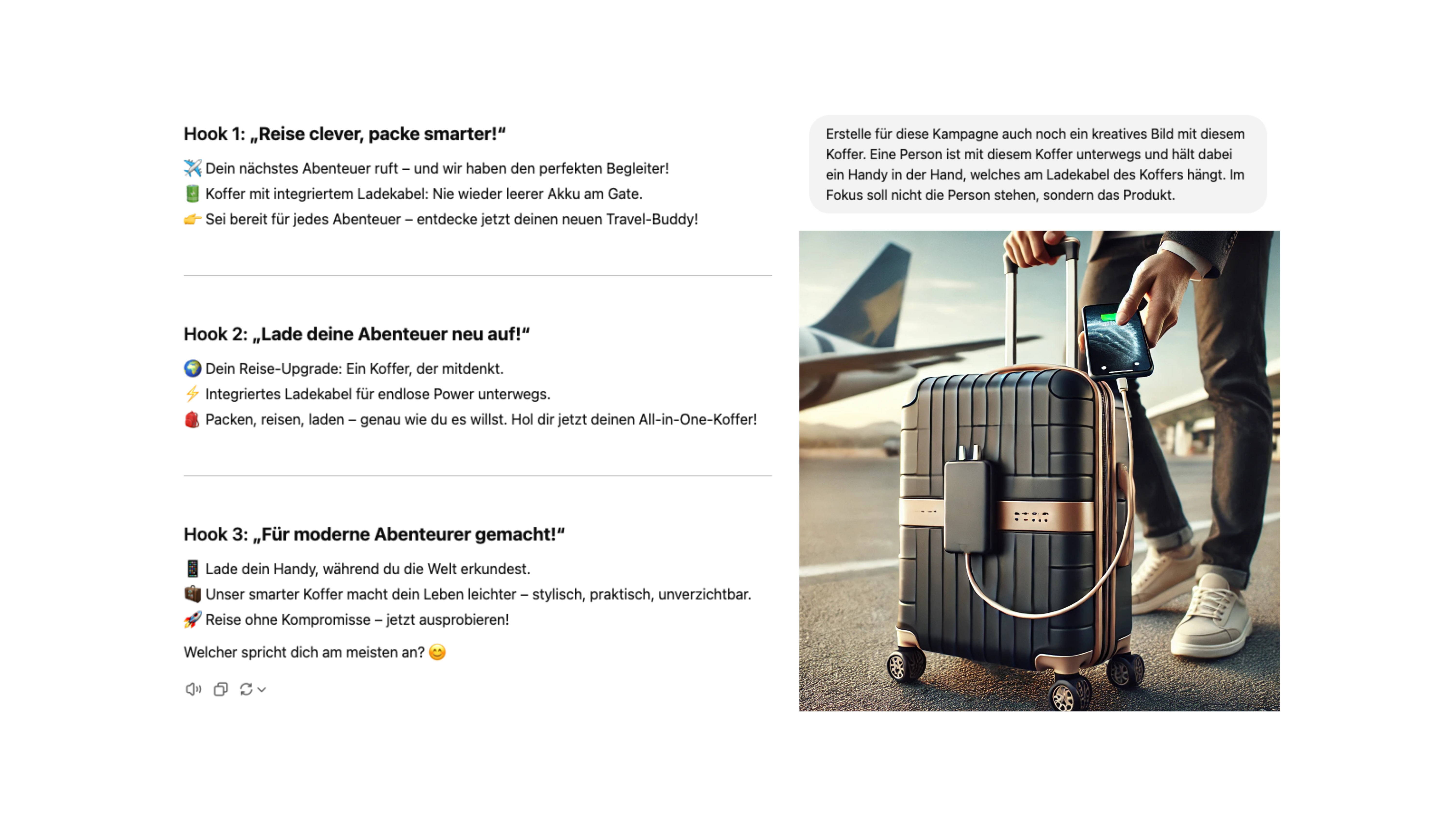 Screenshot Zusammenschnitt von ChatGPT Ergebnissen für eine Ads Kampagne, nachdem ich die KI nach 3 Hooks für einen Koffer mit integriertem Ladekabel gefragt habe. Daneben ist ein generiertes Foto des Koffers abgebildet, auf dem im Hintergrund ein Flugzeug und eine Person zu sehen ist, die ein Handy in der Hand hält, welches am Koffer lädt.