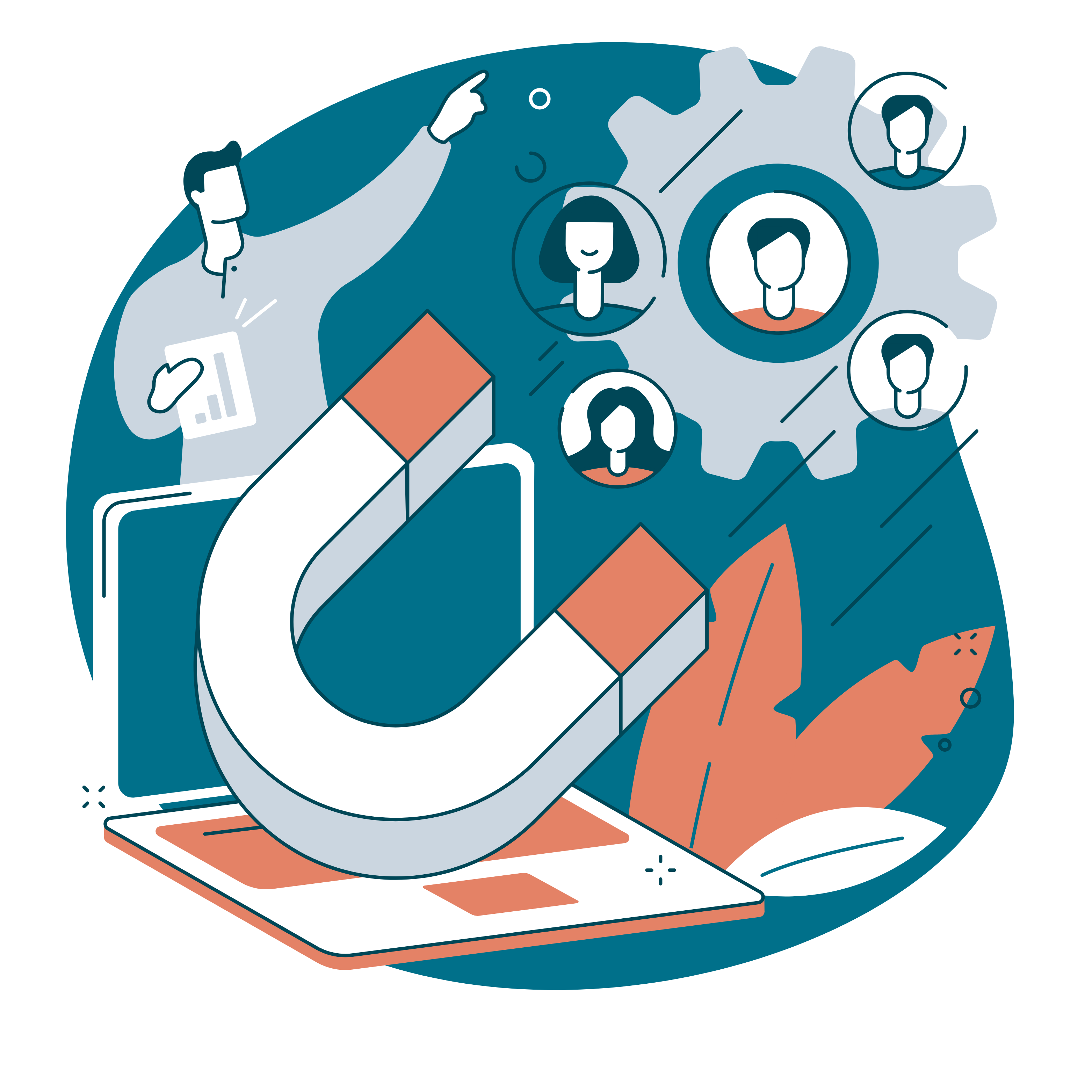 KI generiertes Bild mit Symbolen aus der Social Media Welt, welche eine Meta Ads Agentur symbolisieren sollen.