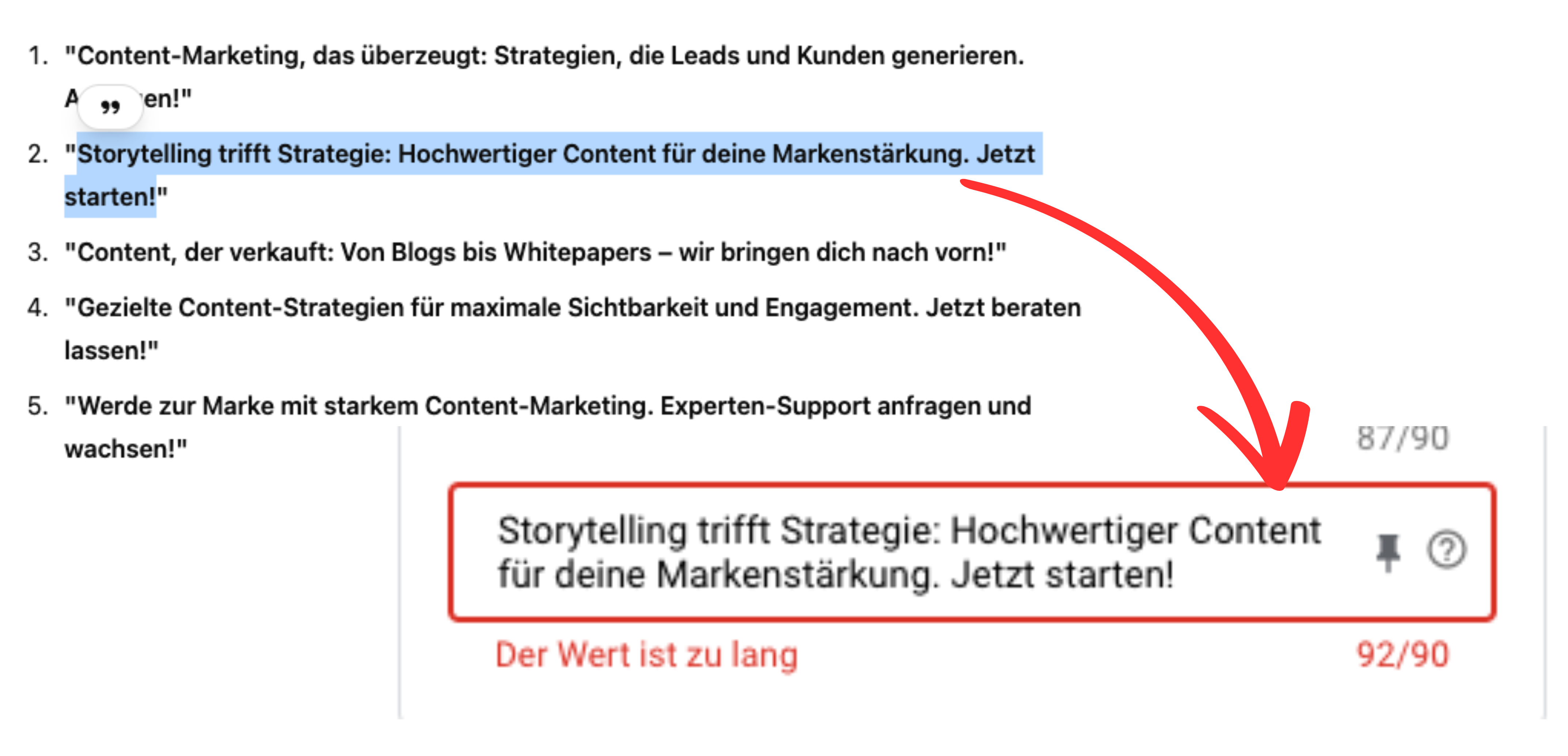 Screenshot von einem KI Ergebnis mit Anzeigentitel Vorschlägen für Google Ads und ein Screenshot aus Google Ads, wo zu sehen ist, das ein Anzeigentitel dieser KI-Ergebnisse den maximalen Wert von 90 Zeichen überschreitet.