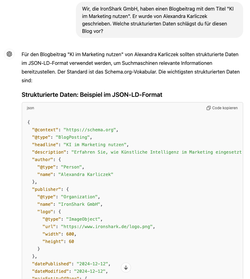 Screenshot von einem ChatGPT Ergebnis, nachdem ich gefragt habe, ob die KI mir strukturierte Daten für diesen Blogbeitrag vorschlagen kann.