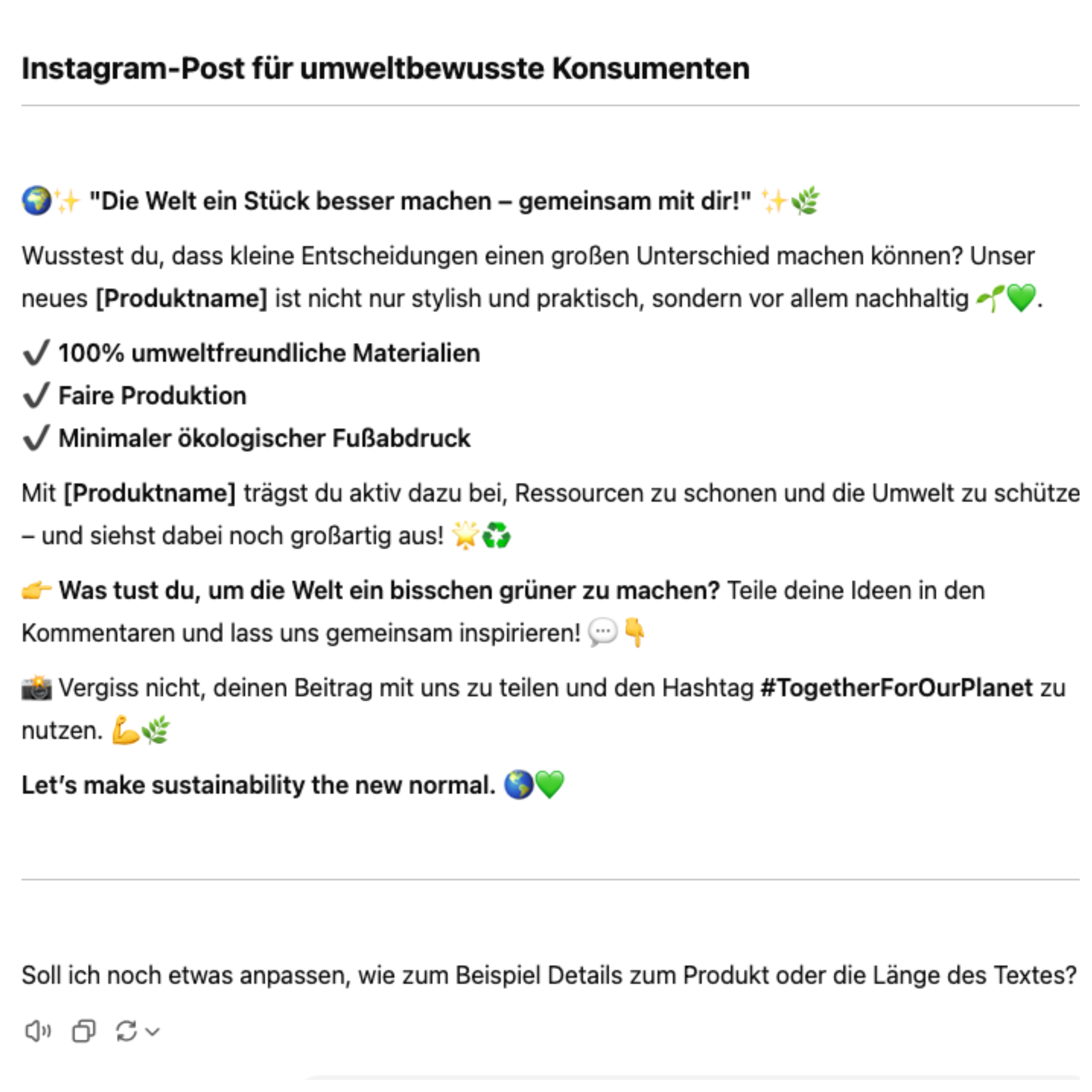 Screenshot aus ChatGPT, der einen generierten Instagram Feed-Text zeigt.