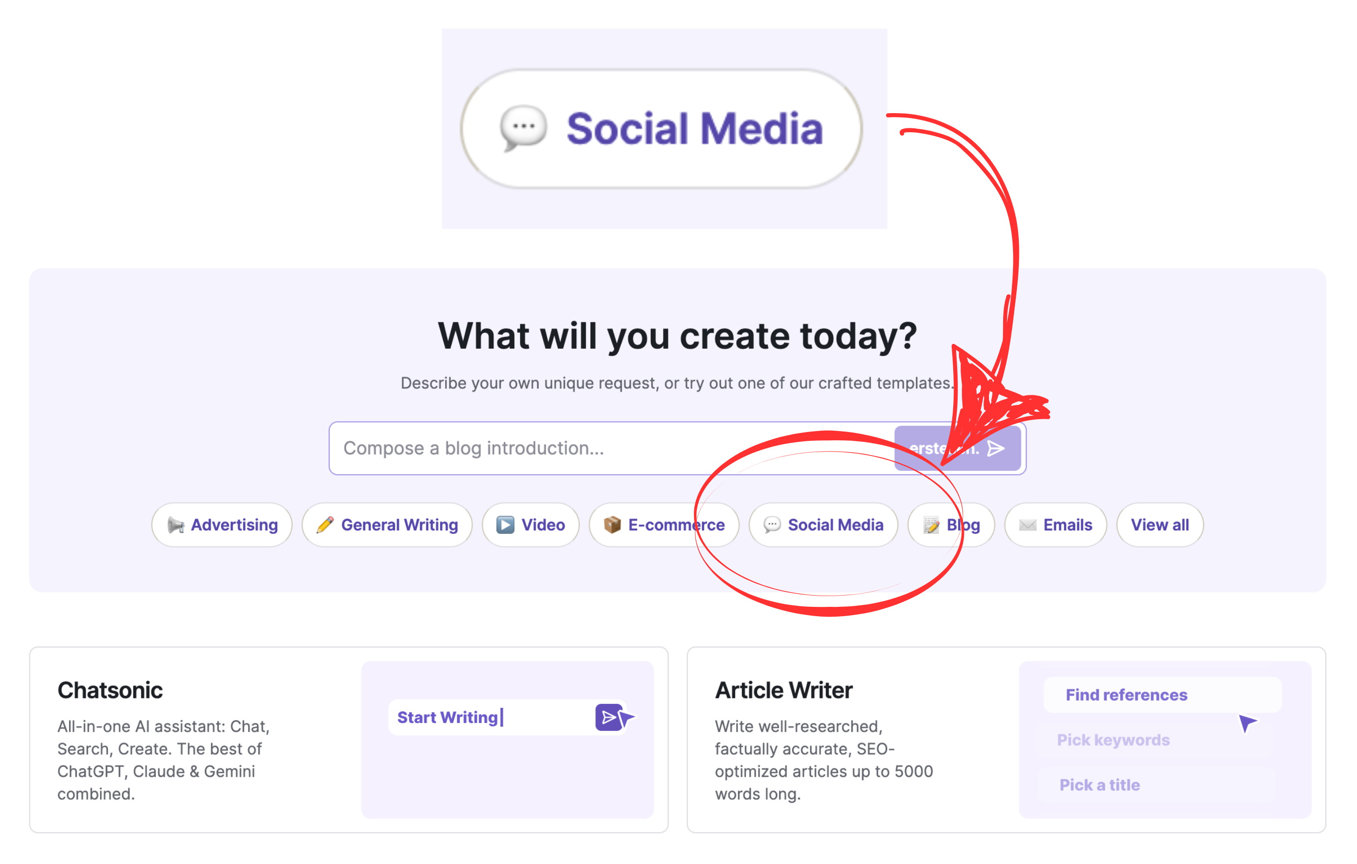 Screenshot aus Writesonic, der mit einem Pfeil auf den Button zeigt, mit dem man in diesem Tool Social Media Beiträge generiert.