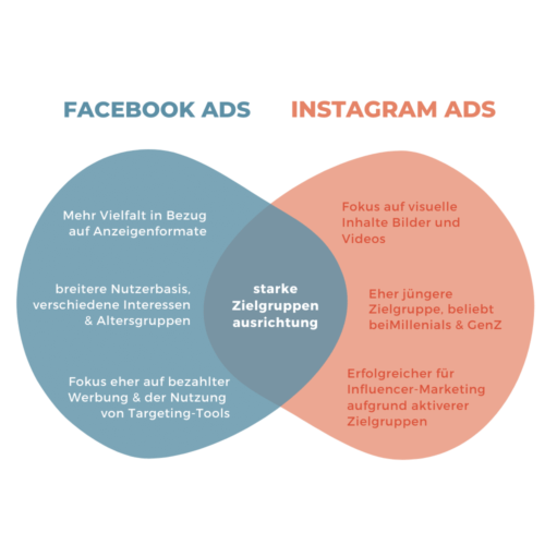Infografik zum Vergleich von Instagram Ads und Facebook Ads mit einer Schnittmenge, die die Gemeinsamkeit darstellen soll