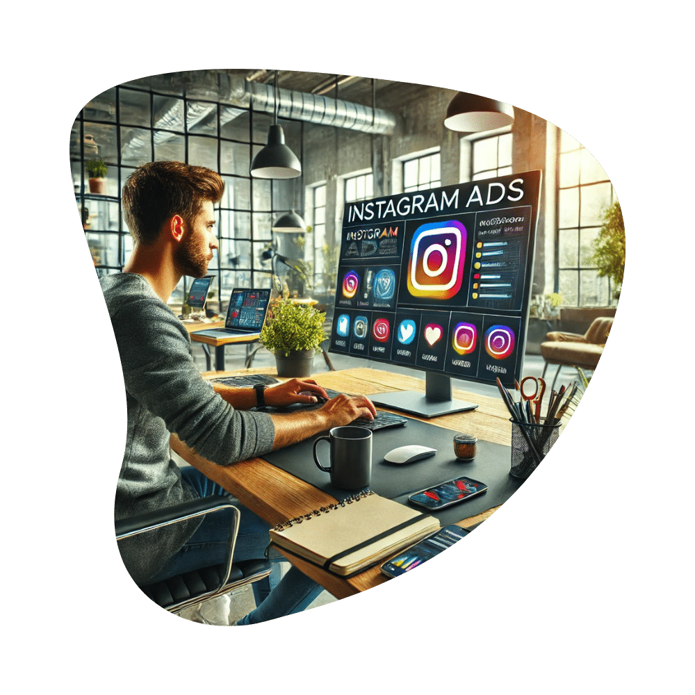 KI generiertes Fotos einer Fachperson, die am Schreibtisch sitzt und an einem großen Bildschirm an Instagram Ads arbeitet