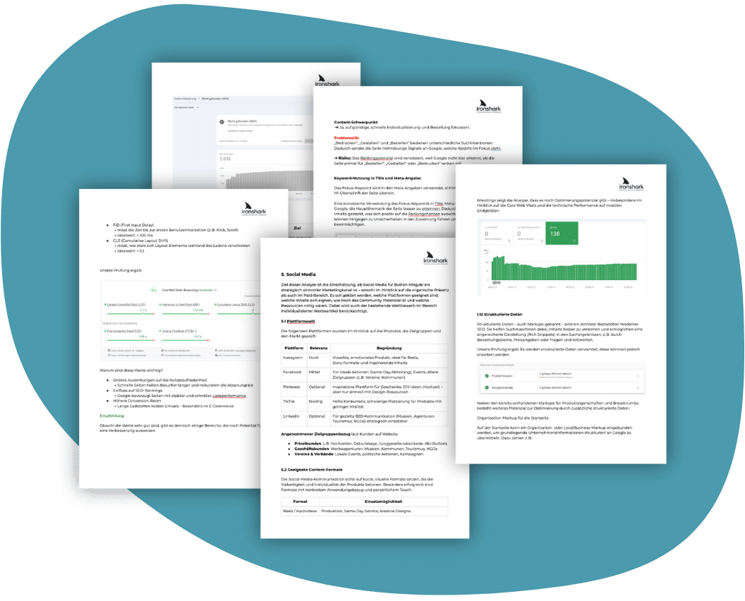 Auszüge aus einer Beispiel-Potenzialanalyse aneinandergereit auf blauem Untergrund.