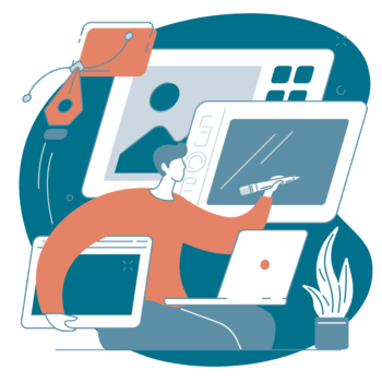 Abstrakte Darstellung einer Fachperson einer Shopware Agentur, die an Design und User Experience eines Onlineshops arbeitet