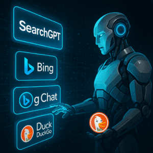 Was ist Chatgpt SEO und wie ist es mit Bing verbunden? Bild eines Roboters, der vor verschiedenen KI Systemen steht.