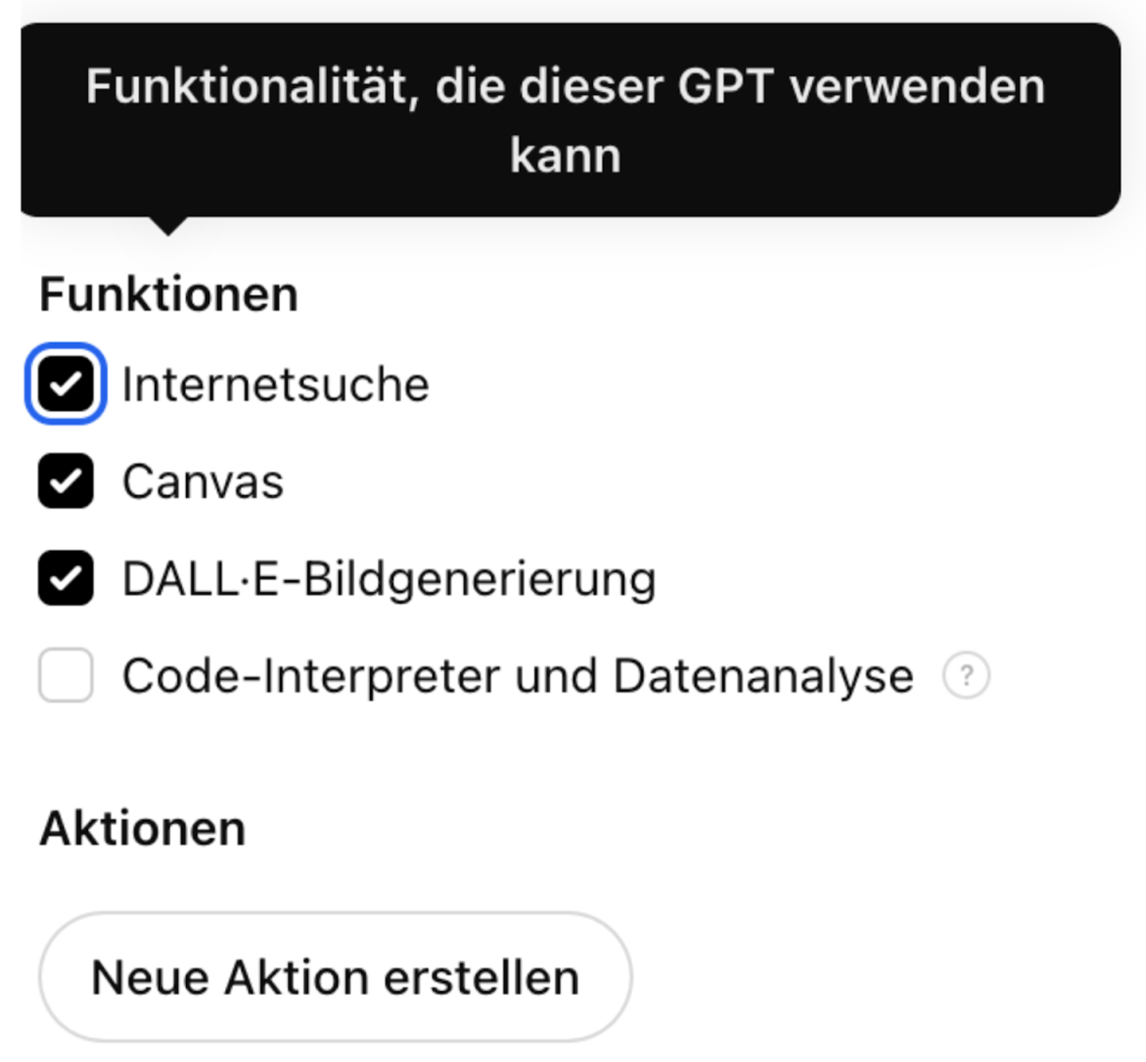 Auszug aus einer Einstellung in ChatGPT, bei der die Zugriffsrechte eines GPTs bestimmt werden können