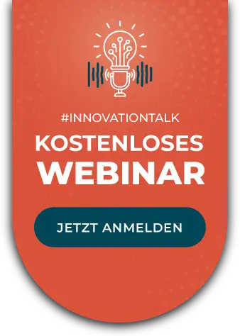 Badge zur Webinar-Reihe #Innovationtalk: weiße Schrift und blauer Button auf rotem Grund in Form einer kleinen Fahne