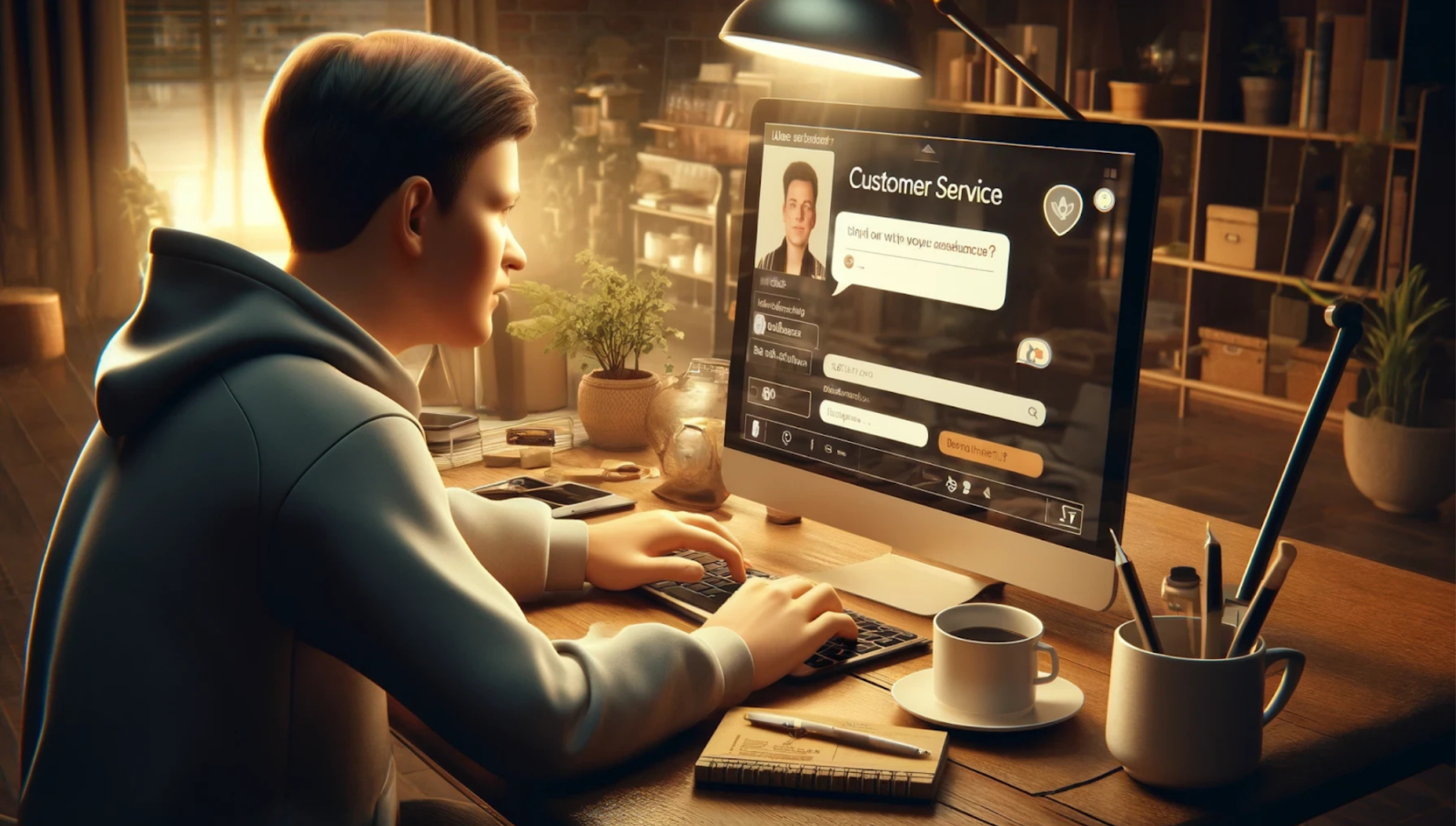 Person am Rechner, die einem KI Customer Service schreibt