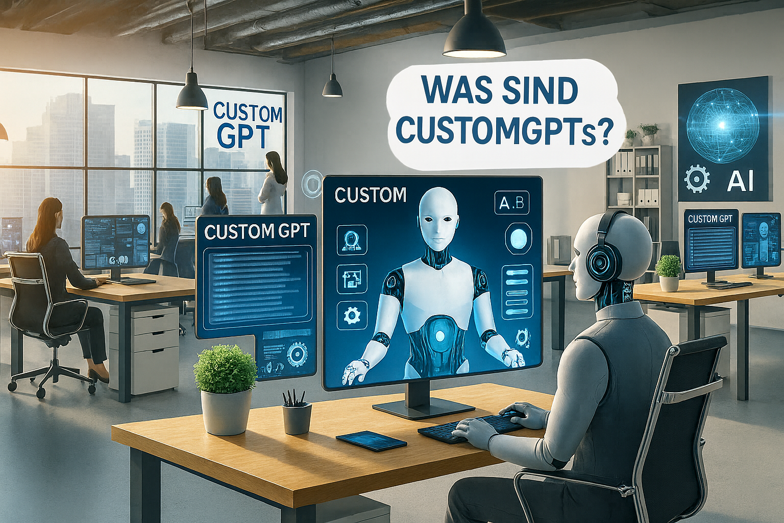 Header Bild zu "Was sind CustomGPTs" mit einem Robotor am Schreibtisch, symbolisch als Künstliche Intelligenz.