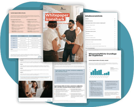 Produktfoto Whitepaper freigestellt Produktfoto für das Ironshark Produkt "Whitepaper", auf dem Auszüge aus verschiedenen Whitepapers abgebildet sind.