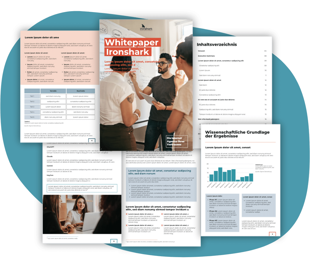 Produktfoto für das Ironshark Produkt "Whitepaper", auf dem Auszüge aus verschiedenen Whitepapers abgebildet sind.